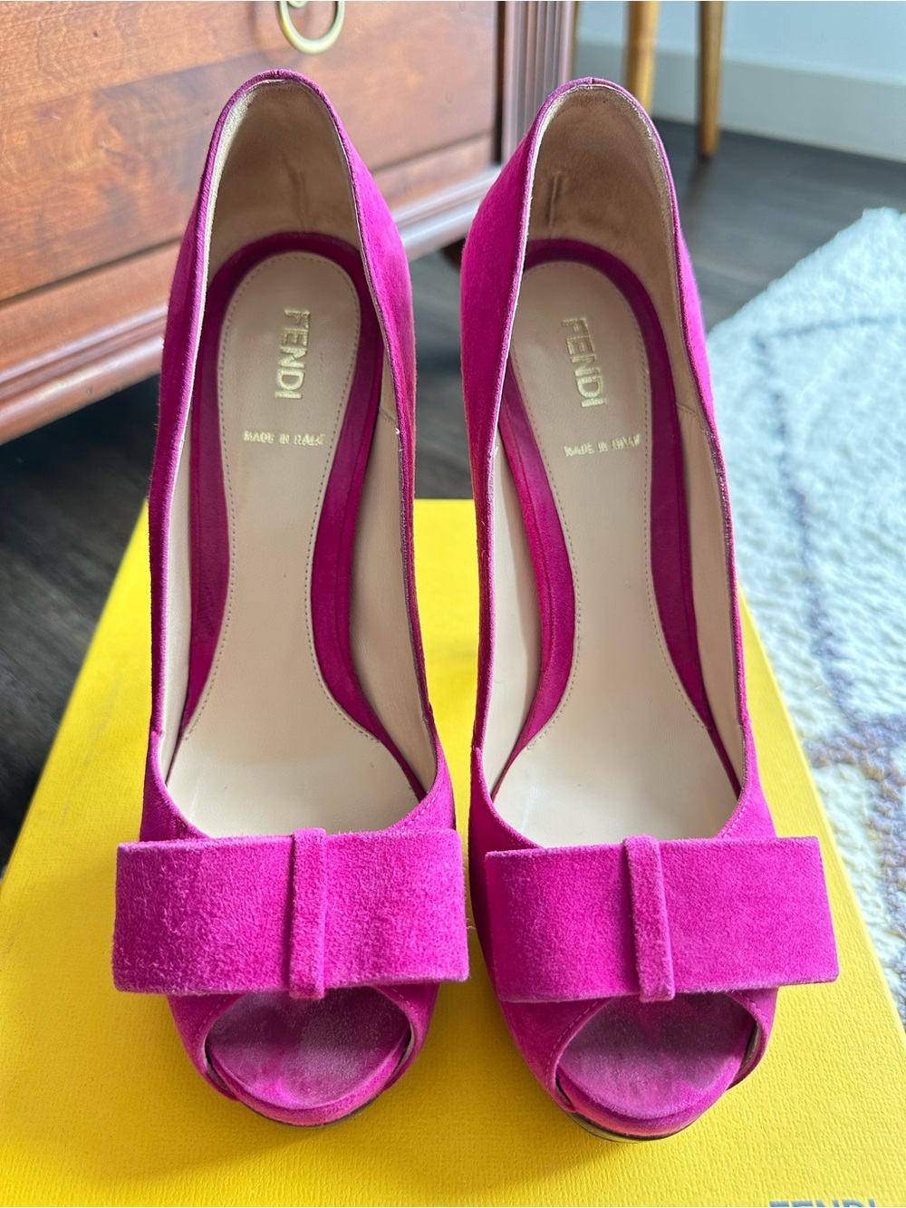 Fendi Hot Pink Suede Peep-Toe Pumps with Bow Accent